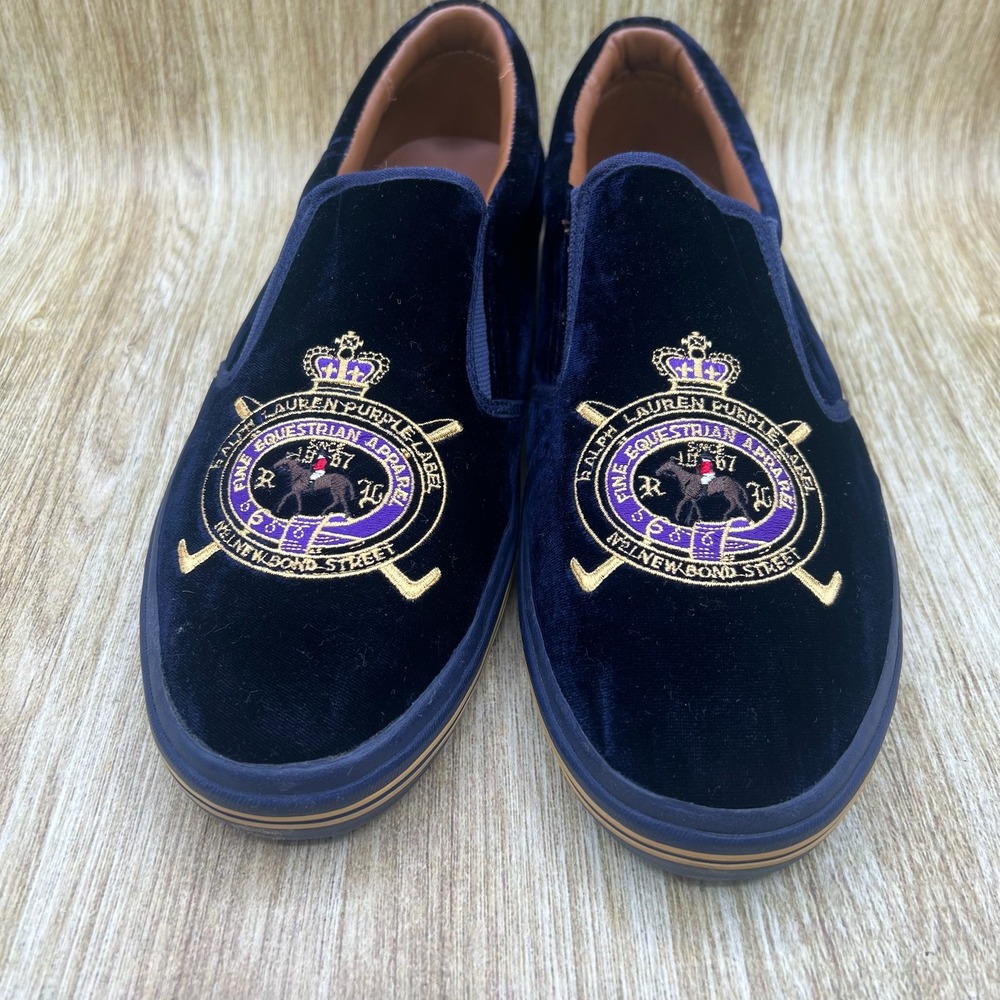 Ralph Lauren Purple Label Slip On Sneakers Mens 11D Navy Velvet Equestrian Crest - Picture 2 of 10